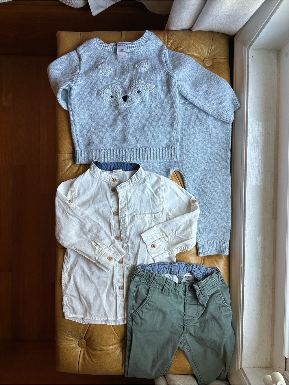 BOYS SZ 18 MOS. Cotton matched sweater set by Carters. Button down shirt by H&M